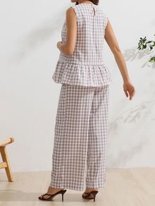 SHEIN Setelan Menyusui Ibu Hamil 2 Potong Motif Kotak-kotak Celana Panjang - Light Grey - View 2