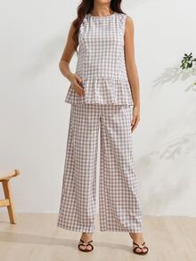 SHEIN Setelan Menyusui Ibu Hamil 2 Potong Motif Kotak-kotak Celana Panjang - Light Grey - View 7