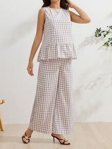 SHEIN Setelan Menyusui Ibu Hamil 2 Potong Motif Kotak-kotak Celana Panjang - Light Grey - View 5