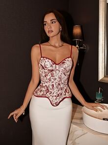 Allurite Women's Asymmetrical Hem Plant Print Shaping Camisole Date Party White Floral And Checke Summer Romantic Elegant Casual Wedding - Burgundy - View 6