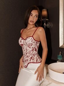 Allurite Women's Asymmetrical Hem Plant Print Shaping Camisole Date Party White Floral And Checke Summer Romantic Elegant Casual Wedding - Burgundy - View 4