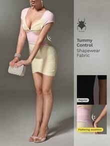 Nuvra Patchwork Line Fashion Elegant Deep V-Neck Neckline Slimming Short Dress For Party And Commute - Yellow - View 6
