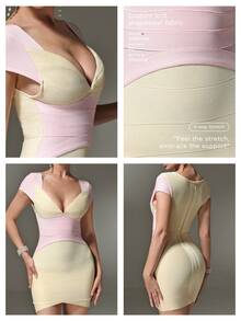 Nuvra Patchwork Line Fashion Elegant Deep V-Neck Neckline Slimming Short Dress For Party And Commute - Yellow - View 7