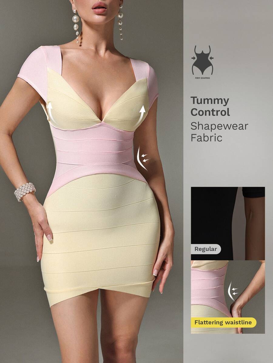 Nuvra Patchwork Line Fashion Elegant Deep V-Neck Neckline Slimming Short Dress For Party And Commute - Yellow - View 1