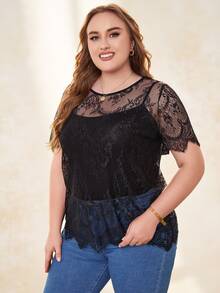 EMERY ROSE Plus Eyelash Trim Sheer Lace Top Without Camisole - Black - View 6