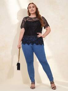 EMERY ROSE Plus Eyelash Trim Sheer Lace Top Without Camisole - Black - View 4