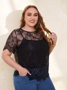 EMERY ROSE Plus Eyelash Trim Sheer Lace Top Without Camisole - Black - View 5