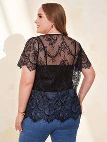EMERY ROSE Plus Eyelash Trim Sheer Lace Top Without Camisole - Black - View 2