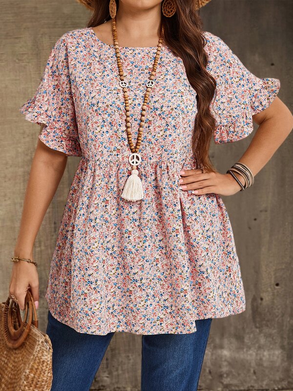 EMERY ROSE ملابس علوية بيبي دول طويل الأكمام، مطبوع بياقة مستديرة، بتصميم كشكش للنساء البدينات، ملابس علوية علوية مناسبة للصيف، لأسلوب أمي، لحفل موسيقي ريفي، ملابس نسائية بوهيمية، ملابس نسائية غربية، ملابس صيفية للنساء، موضة صيفية