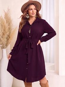 EMERY ROSE Plus Size Solid Color Waist Belt Casual Long Sleeve Cardigan Dress Fall - Purple - View 3