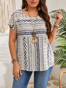 EMERY ROSE Plus Size Graphic Print Casual Loose Blouse, Suitable For Vacation,Summer - Blue - View 4