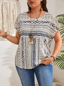EMERY ROSE Plus Size Graphic Print Casual Loose Blouse, Suitable For Vacation,Summer - Blue - View 6