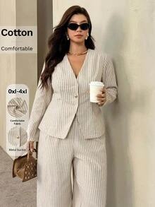 Auralis New All-Season Khaki Striped Plus Size Cinched Waist V-Neck Long Sleeve Blazer Suit/Elegant Commute Premium Shirt 2-Piece Set/Metal Button Decor - Khaki - View 5