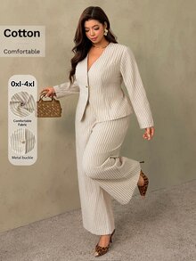 Auralis New All-Season Khaki Striped Plus Size Cinched Waist V-Neck Long Sleeve Blazer Suit/Elegant Commute Premium Shirt 2-Piece Set/Metal Button Decor - Khaki - View 7