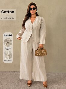 Auralis New All-Season Khaki Striped Plus Size Cinched Waist V-Neck Long Sleeve Blazer Suit/Elegant Commute Premium Shirt 2-Piece Set/Metal Button Decor - Khaki - View 6