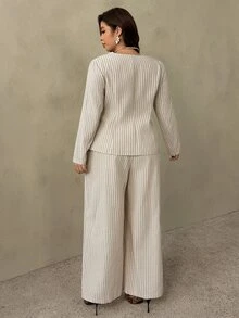 Auralis New All-Season Khaki Striped Plus Size Cinched Waist V-Neck Long Sleeve Blazer Suit/Elegant Commute Premium Shirt 2-Piece Set/Metal Button Decor - Khaki - View 4