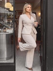 Auralis New All-Season Khaki Striped Plus Size Cinched Waist V-Neck Long Sleeve Blazer Suit/Elegant Commute Premium Shirt 2-Piece Set/Metal Button Decor - Khaki - View 3