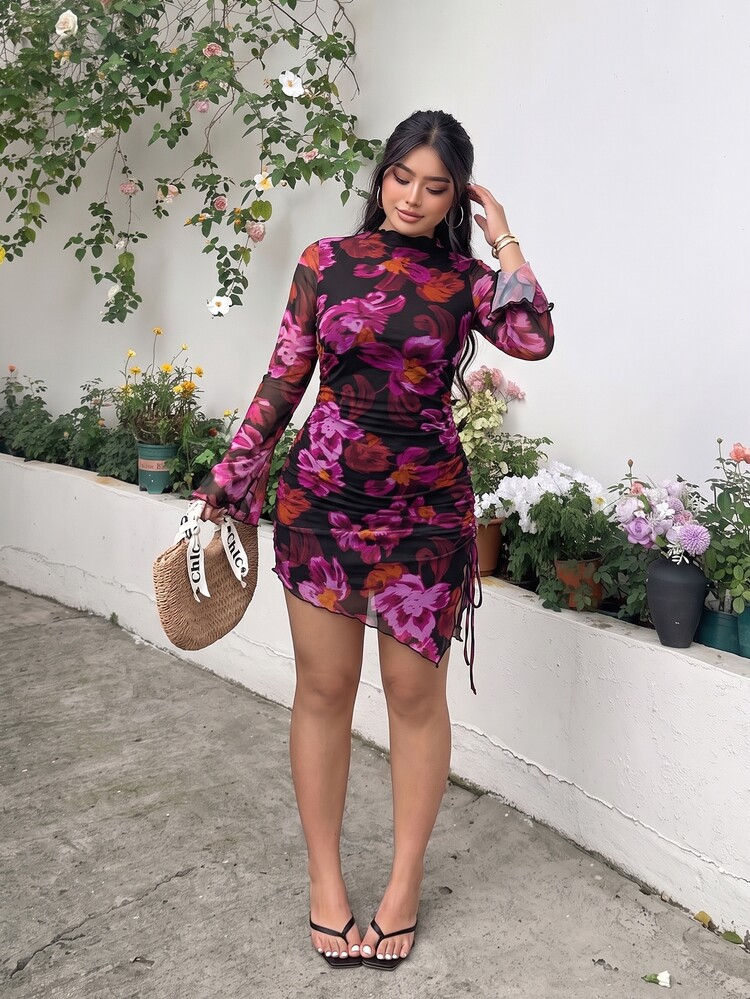 GalTyme Solid Color Polyester Spandex Mesh Lined Double Layer Side Ruched Asymmetrical Hem Plus Size Dress Fall - Multicolor - View 3