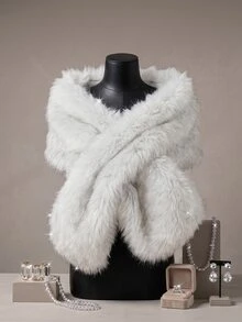 GalTyme Plus Size Fashion Elegant Faux Fur Shawl Coat Winter - White - View 4