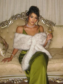 GalTyme Plus Size Fashion Elegant Faux Fur Shawl Coat Winter - White - View 7