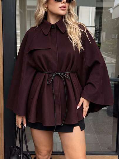 Easowa Curve Manteau cape polyvalent de mode pour femmes grandes tailles, couleur unie, style cape, automne, violet baie, écharpe-cape, col entonnoir, soirée, formel, élégant, courbes, bordeaux, automne