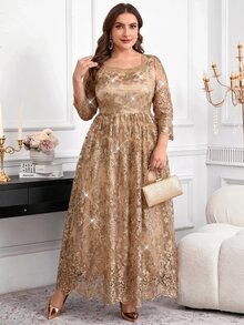 Reflora Plus Size Women's Square Neck Jacquard 3/4 Sleeve Elegant Dress Fall - Gold - View 4