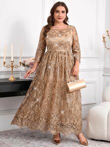 Reflora Plus Size Women's Square Neck Jacquard 3/4 Sleeve Elegant Dress Fall - Gold - View 5