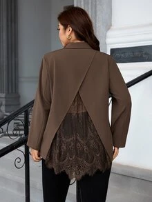 Chikora Plus Size Elegant Commuter Lace Patchwork Blazer - Brown - View 7