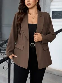 Chikora Plus Size Elegant Commuter Lace Patchwork Blazer - Brown - View 5