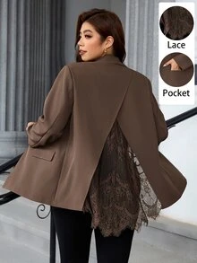 Chikora Plus Size Elegant Commuter Lace Patchwork Blazer - Brown - View 1