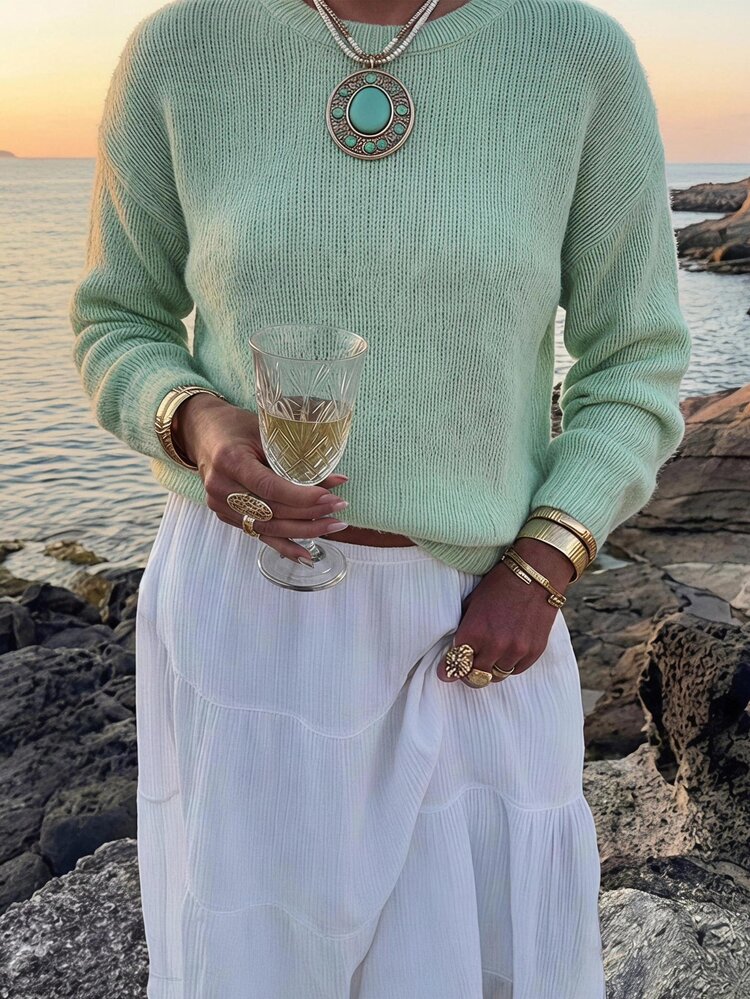 Sylviya Casual Women's Green Sweater For Autumn/Winter Vacation Women Fall Winter Sweater Autumn Outfit For Women Beach Fashion Green Top Going Out Tops - Green - View 1