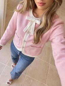 KARISMINA 女款優雅可愛法式對比滾邊蝴蝶結裝飾大衣 秋季辦公日常約會午餐晚餐工作穿搭 粉色與白色西裝外套 - 粉色 - 查看 7