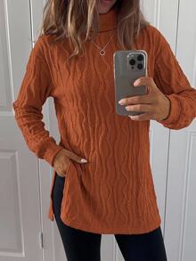 SHEIN LUNE Women's Classic Long Sleeve T-Shirt, Textured Knit Turtleneck, Comfortable & Versatile For Casual, Party, All Seasons - Orange - View 2
