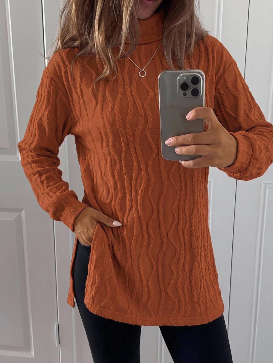 SHEIN LUNE Women's Classic Long Sleeve T-Shirt, Textured Knit Turtleneck, Comfortable & Versatile For Casual, Party, All Seasons