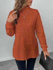 SHEIN LUNE Women's Classic Long Sleeve T-Shirt, Textured Knit Turtleneck, Comfortable & Versatile For Casual, Party, All Seasons - Orange - View 6
