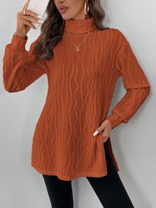 SHEIN LUNE Women's Classic Long Sleeve T-Shirt, Textured Knit Turtleneck, Comfortable & Versatile For Casual, Party, All Seasons - Orange - View 4