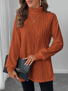 SHEIN LUNE Women's Classic Long Sleeve T-Shirt, Textured Knit Turtleneck, Comfortable & Versatile For Casual, Party, All Seasons - Orange - View 5