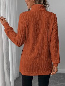 SHEIN LUNE Women's Classic Long Sleeve T-Shirt, Textured Knit Turtleneck, Comfortable & Versatile For Casual, Party, All Seasons - Orange - View 3