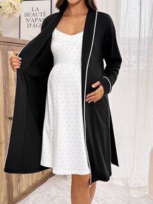 Slowluna Set 2 Potongan Pakaian Menyusui untuk Ibu Hamil (Musim Gugur) Terdiri dari Jubah Lengan Panjang dan Gaun Kamisol Motif Polkadot - Hitam dan Putih - View 8