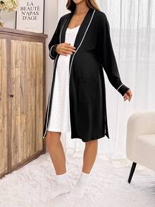 Slowluna Set 2 Potongan Pakaian Menyusui untuk Ibu Hamil (Musim Gugur) Terdiri dari Jubah Lengan Panjang dan Gaun Kamisol Motif Polkadot - Hitam dan Putih - View 9