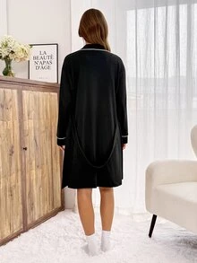 Slowluna Set 2 Potongan Pakaian Menyusui untuk Ibu Hamil (Musim Gugur) Terdiri dari Jubah Lengan Panjang dan Gaun Kamisol Motif Polkadot - Hitam dan Putih - View 5