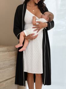 Slowluna Set 2 Potongan Pakaian Menyusui untuk Ibu Hamil (Musim Gugur) Terdiri dari Jubah Lengan Panjang dan Gaun Kamisol Motif Polkadot - Hitam dan Putih - View 3