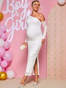 Loomaby Elegant Fashionable Asymmetrical Shoulder Ruched Side Slit Maternity Dress,Gender Reveal Dress,Maternity Dress,Baby Shower Dress Fall - White - View 8