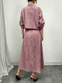 Modelyn Collared Jacket & Spaghetti Strap Ruched Waist Dress, Blue And White Textured 2 Pieces Set - Red - View 7