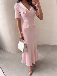 NOVVYNE Women Contrast Collar Pearl Button Knit Midi Dress Short Sleeve Elegant Mermaid Bodycon Fall Office Party Dress - Pink - View 7