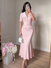 NOVVYNE Women Contrast Collar Pearl Button Knit Midi Dress Short Sleeve Elegant Mermaid Bodycon Fall Office Party Dress - Pink - View 4