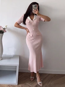 NOVVYNE Women Contrast Collar Pearl Button Knit Midi Dress Short Sleeve Elegant Mermaid Bodycon Fall Office Party Dress - Pink - View 8
