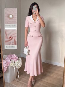 NOVVYNE Women Contrast Collar Pearl Button Knit Midi Dress Short Sleeve Elegant Mermaid Bodycon Fall Office Party Dress - Pink - View 3