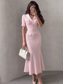 NOVVYNE Women Contrast Collar Pearl Button Knit Midi Dress Short Sleeve Elegant Mermaid Bodycon Fall Office Party Dress - Pink - View 1
