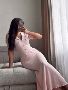 NOVVYNE Women Contrast Collar Pearl Button Knit Midi Dress Short Sleeve Elegant Mermaid Bodycon Fall Office Party Dress - Pink - View 5